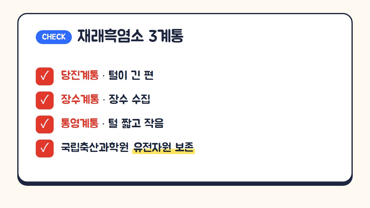 재래흑염소 3계통: 당진계통은 털이 긴 편, 장수계통은 장수에서 수집, 통영계통은 털이 짧고 체구가 작음, 국립축산과학원이 유전자원으로 보존