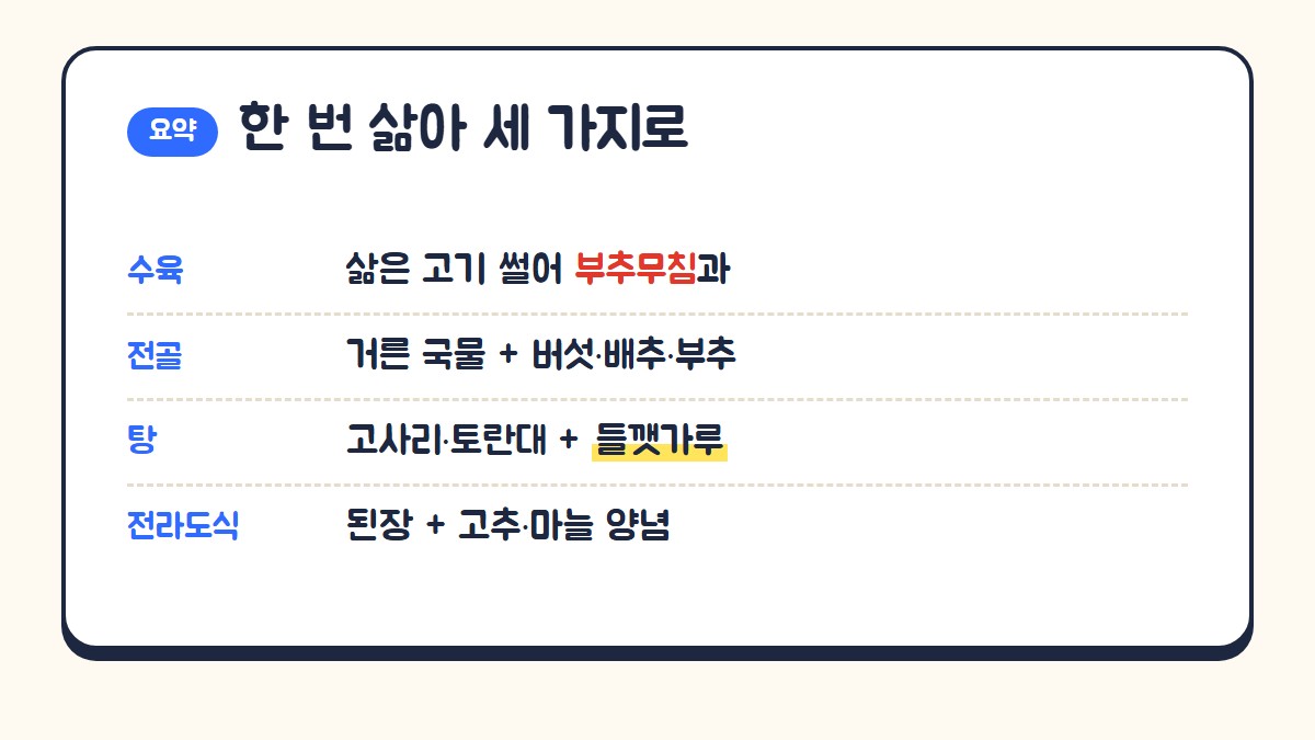 흑염소 한 번 삶아 세 가지로: 수육은 부추무침과, 전골은 버섯 배추 부추, 탕은 고사리 토란대 들깻가루, 전라도식은 된장과 고추 마늘 양념