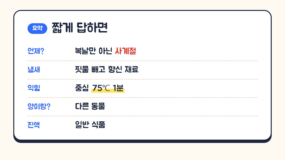 흑염소 궁금증 짧은 답: 복날만이 아니라 사계절 먹는다, 냄새는 핏물을 빼고 향신 재료로 줄인다, 중심온도 75도 1분 이상 익힌다, 양과는 다른 동물이다, 진액은 일반 식품이다