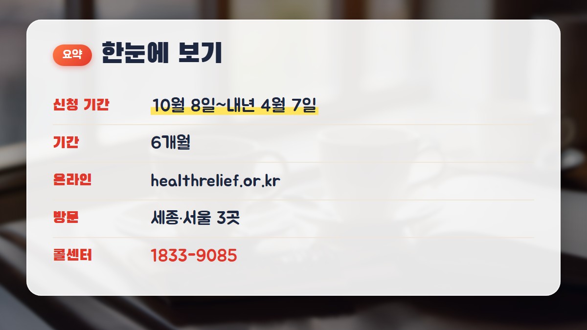 한눈에 보기: 신청 10월 8일~내년 4월 7일, 온라인 포털, 방문 접수 3곳, 콜센터 1833-9085